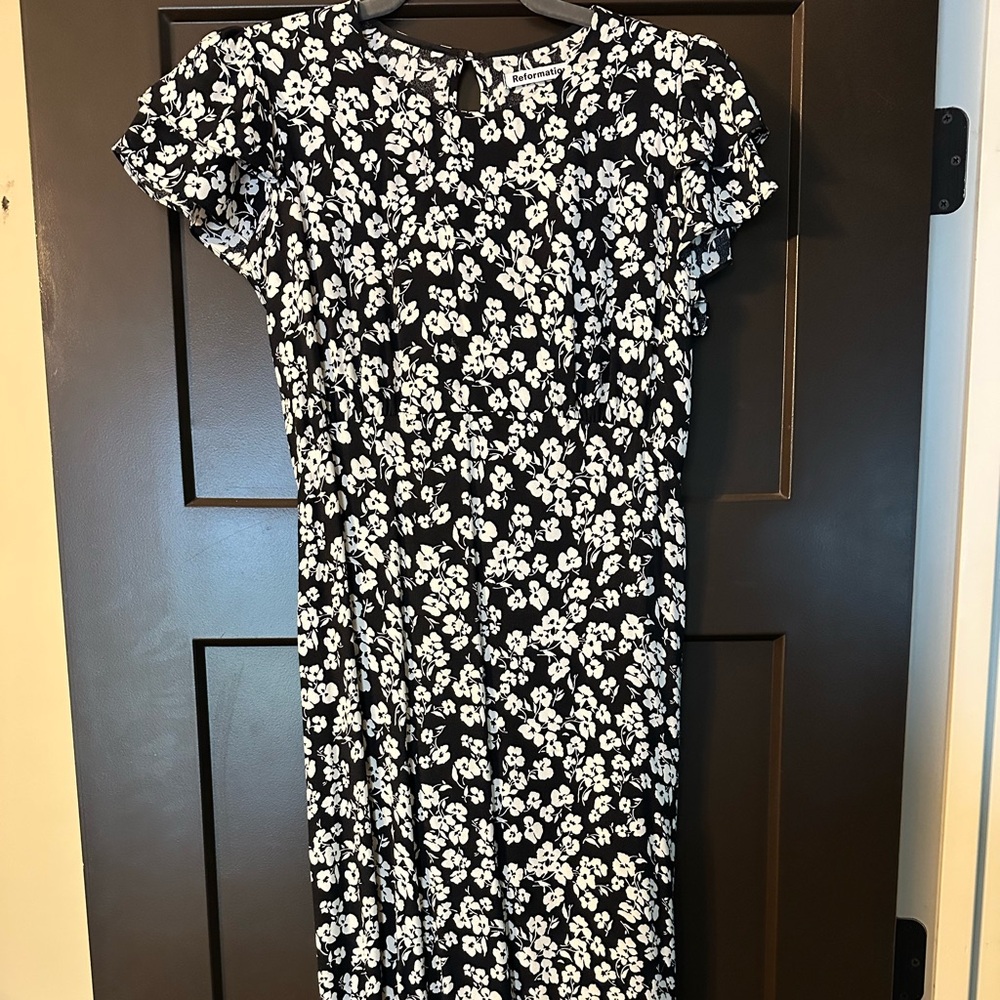 Reformation Elaine Black and White Floral Midi Dress